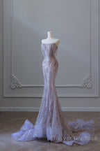 Pretty Mermaid Strapless Lilac Sequin Beads Long Prom Dress Formal Evening Dress
