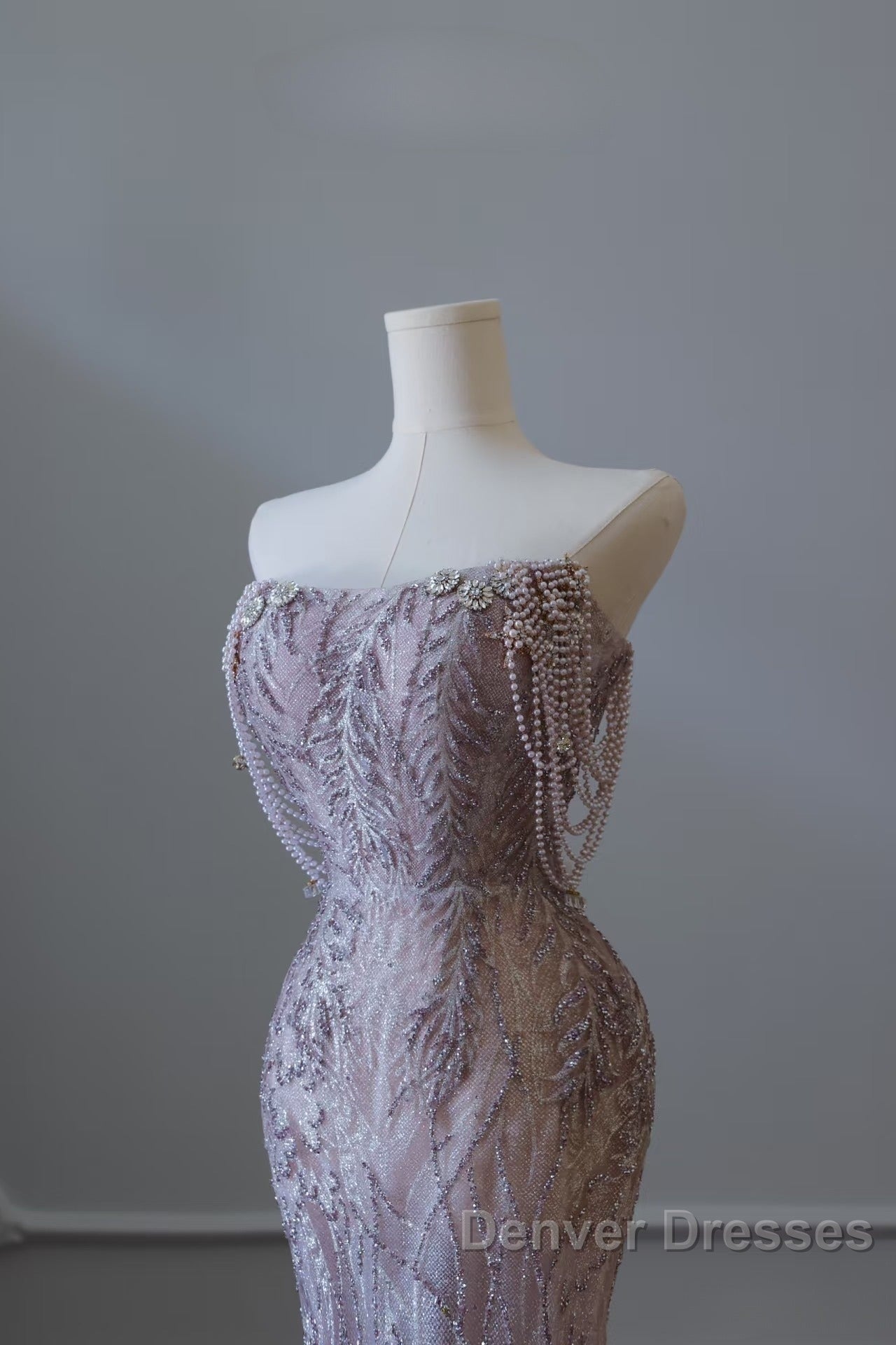 Pretty Mermaid Strapless Lilac Sequin Beads Long Prom Dress Formal Evening Dress