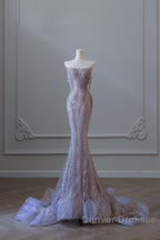 Pretty Mermaid Strapless Lilac Sequin Beads Long Prom Dress Formal Evening Dress