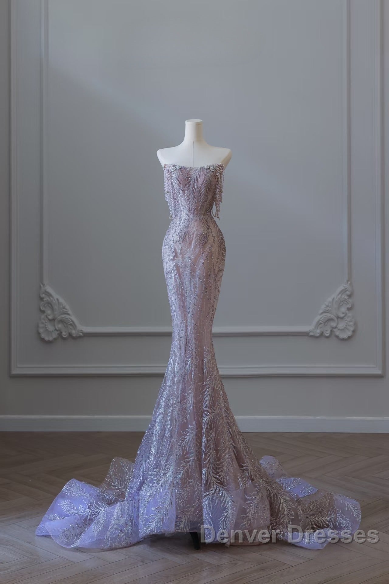 Pretty Mermaid Strapless Lilac Sequin Beads Long Prom Dress Formal Evening Dress