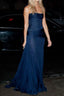 Pretty Mermaid Strapless Navy Blue Prom Dress With Ruffle Long Evening Party Dress