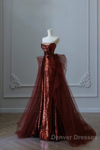 Pretty Mermaid Strapless Sequin Long Burgundy Ruffles Long Prom Dress Formal Evening Dress