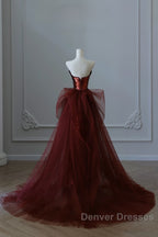 Pretty Mermaid Strapless Sequin Long Burgundy Ruffles Long Prom Dress Formal Evening Dress