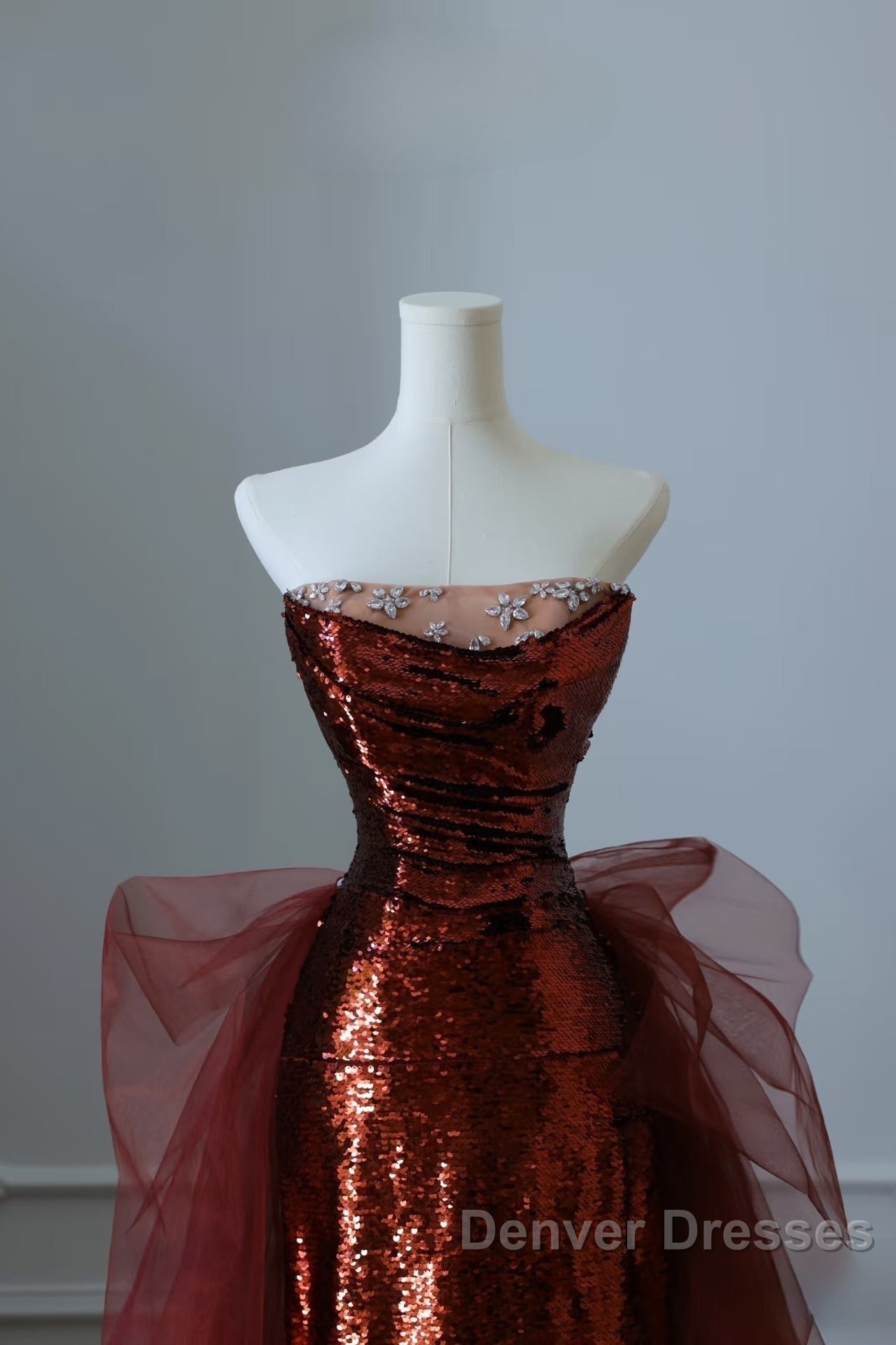 Pretty Mermaid Strapless Sequin Long Burgundy Ruffles Long Prom Dress Formal Evening Dress