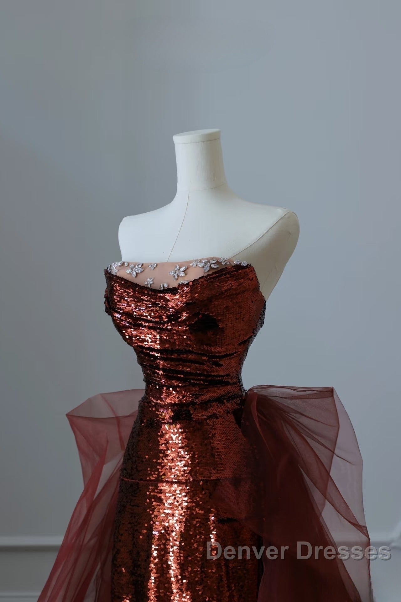 Pretty Mermaid Strapless Sequin Long Burgundy Ruffles Long Prom Dress Formal Evening Dress