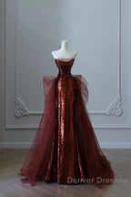 Pretty Mermaid Strapless Sequin Long Burgundy Ruffles Long Prom Dress Formal Evening Dress