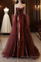 Pretty Mermaid Strapless Sequin Long Burgundy Ruffles Long Prom Dress Formal Evening Dress