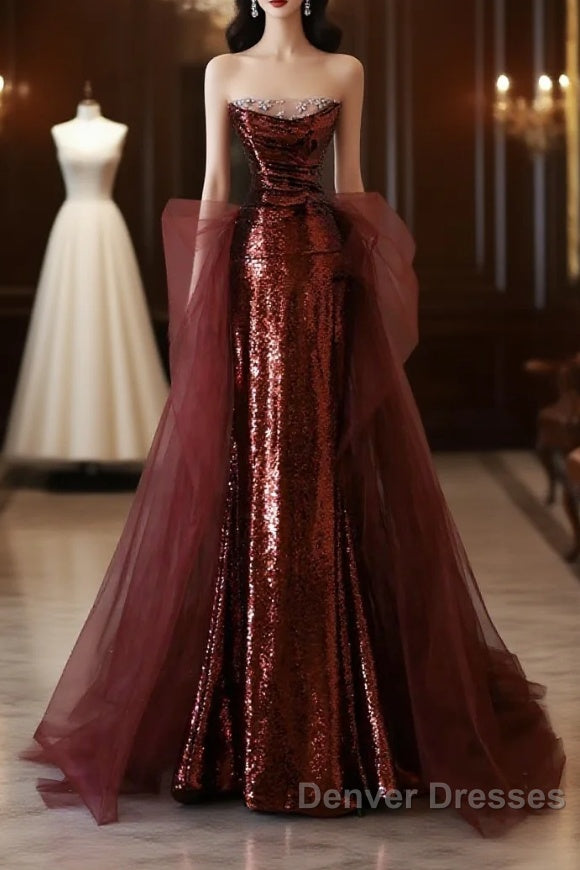Pretty Mermaid Strapless Sequin Long Burgundy Ruffles Long Prom Dress Formal Evening Dress Main image