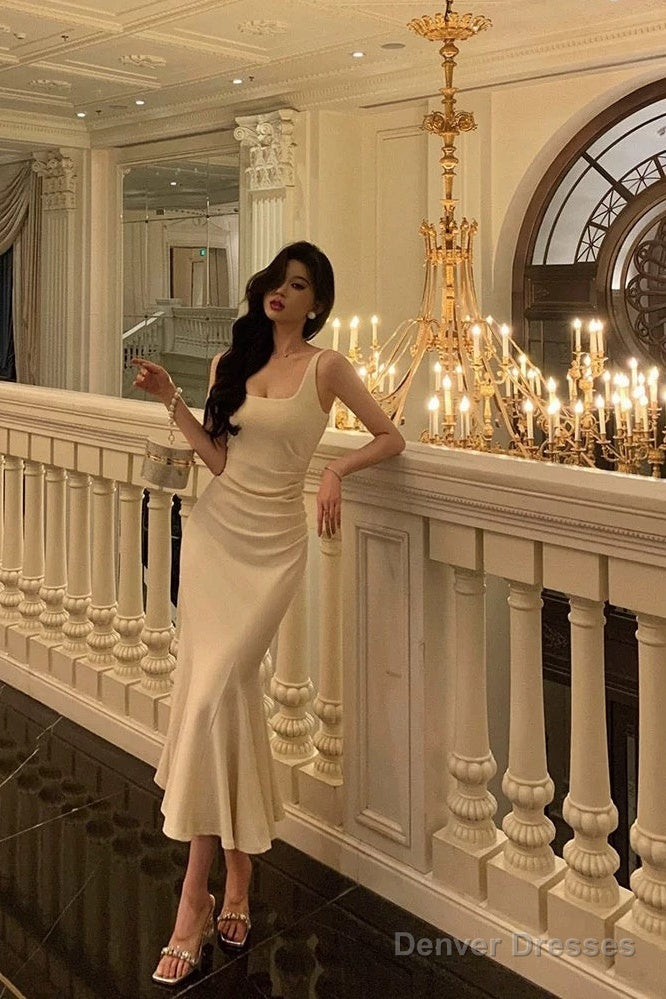 Pretty Mermaid Straps White Tea Length Prom Dresses Birthday Outfits Evening Gown Secondary image