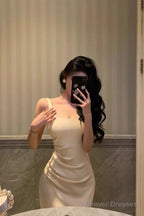 Pretty Mermaid Straps White Tea Length Prom Dresses Birthday Outfits Evening Gown