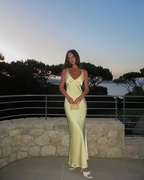 Pretty Mermaid V Neckline Long Yellow Satin Party Dress Prom Dress