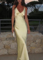 Pretty Mermaid V Neckline Long Yellow Satin Party Dress Prom Dress