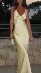 Pretty Mermaid V Neckline Long Yellow Satin Party Dress Prom Dress