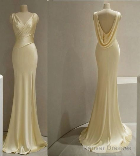 Pretty Mermaid V Neckline Satin Yellow Long Prom Dresses Formal Evening Dress Main image