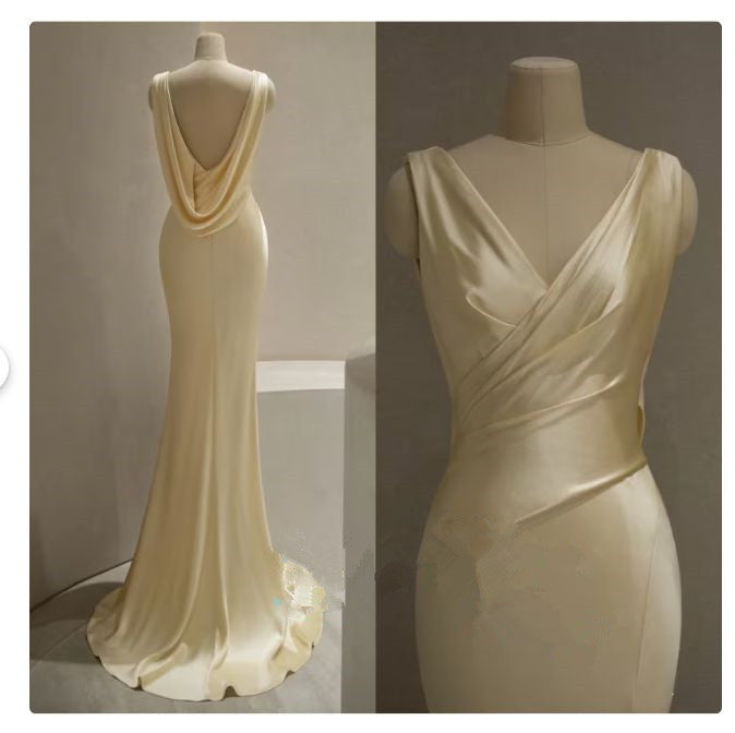 Pretty Mermaid V Neckline Yellow Satin Prom Dress With Ruffle Long Evening Dress Secondary image