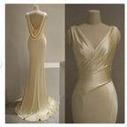 Pretty Mermaid V Neckline Yellow Satin Prom Dress With Ruffle Long Evening Dress