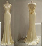 Pretty Mermaid V Neckline Yellow Satin Prom Dress With Ruffle Long Evening Dress