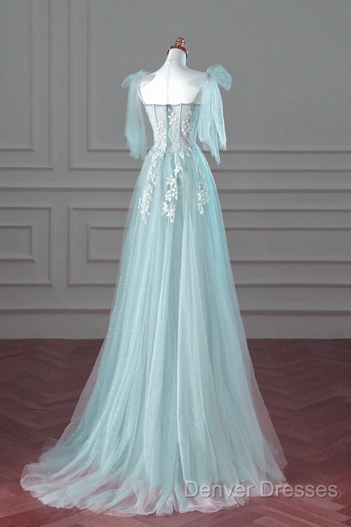 Pretty Mint Blue Tulle With Lace A-Line Long Party Dress, Mint Blue Prom Dress Fornal Dress