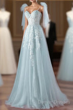 Pretty Mint Blue Tulle With Lace A-Line Long Party Dress, Mint Blue Prom Dress Fornal Dress