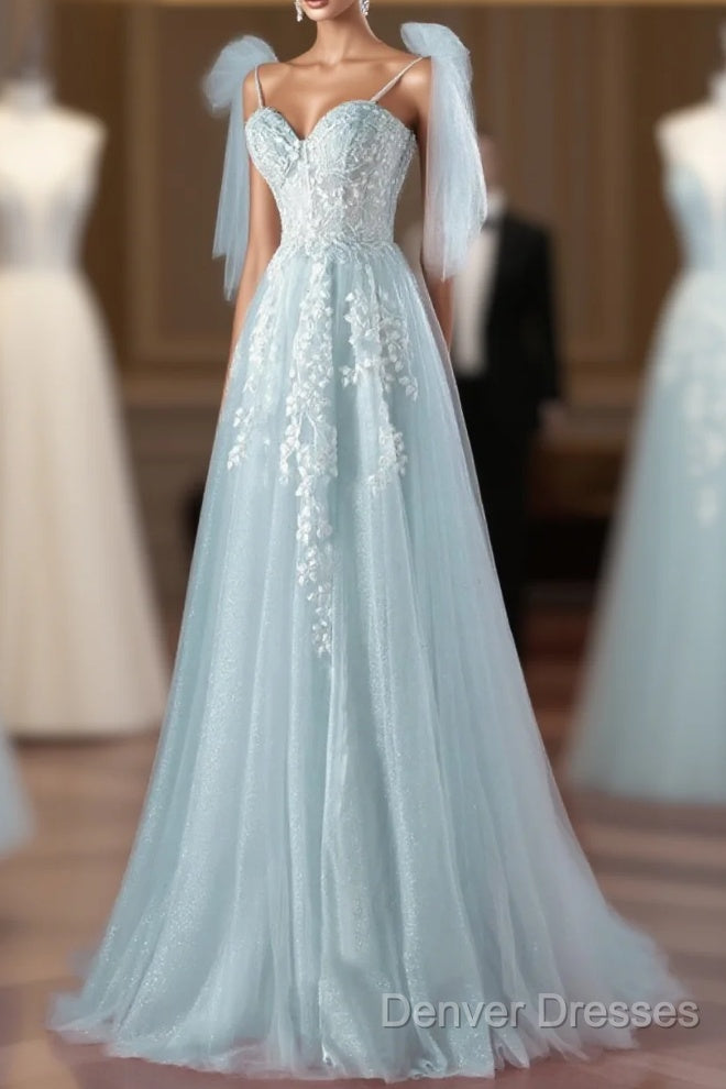 Pretty Mint Blue Tulle With Lace A-Line Long Party Dress, Mint Blue Prom Dress Fornal Dress
