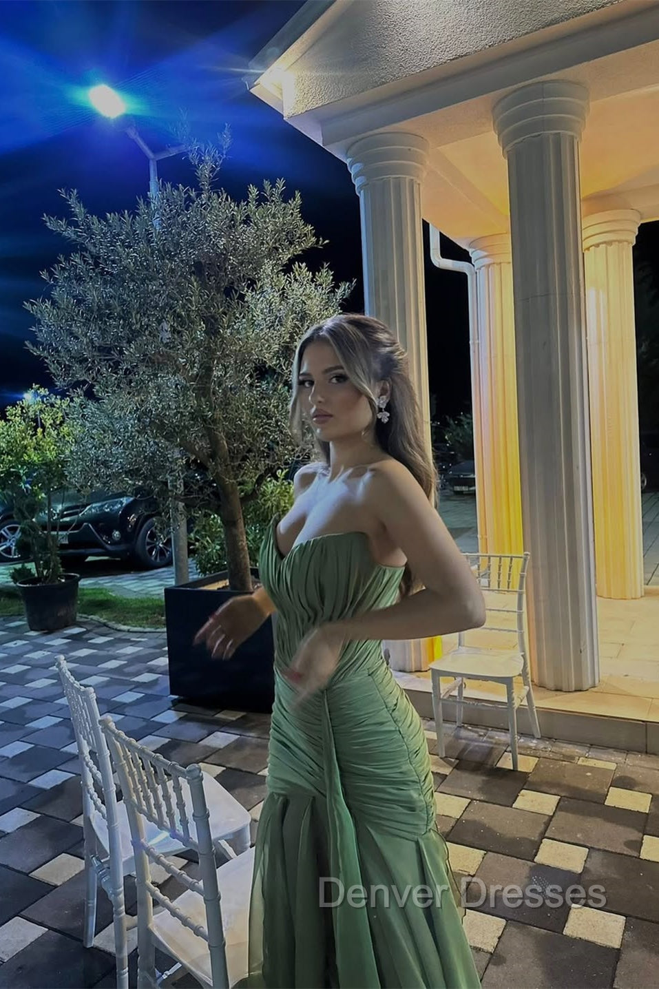 Pretty Moss Sweetheart Strapless Sleeveless Chiffon Prom Dresses Long Ruffle With Lace-Up Back Secondary image