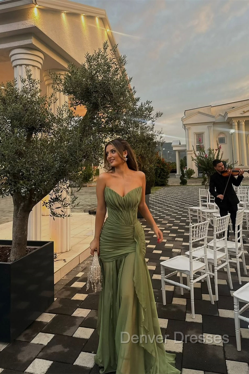 Pretty Moss Sweetheart Strapless Sleeveless Chiffon Prom Dresses Long Ruffle With Lace-Up Back Main image