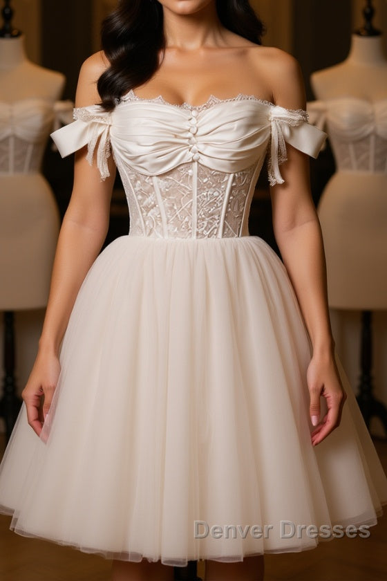 Pretty Off Shoulder Ivory Prom Dress Short, Ivory Homecoming Dress, Formal Graduation Evening Dress