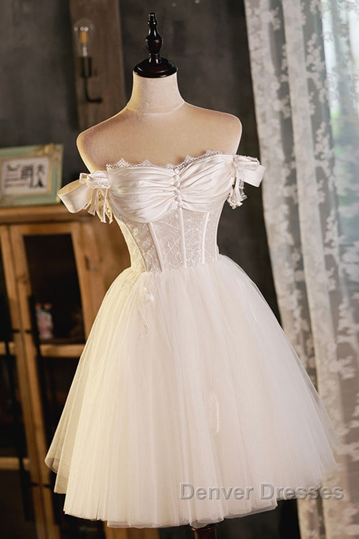 Pretty Off Shoulder Ivory Prom Dress Short, Ivory Homecoming Dress, Formal Graduation Evening Dress Secondary image