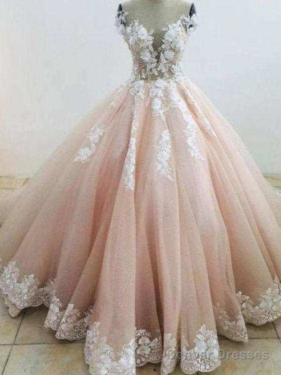 Pretty Pastel Pink Lace Applique Wedding Dress Chapel Train Prom Dress