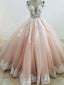 Pretty Pastel Pink Lace Applique Wedding Dress Chapel Train Prom Dress