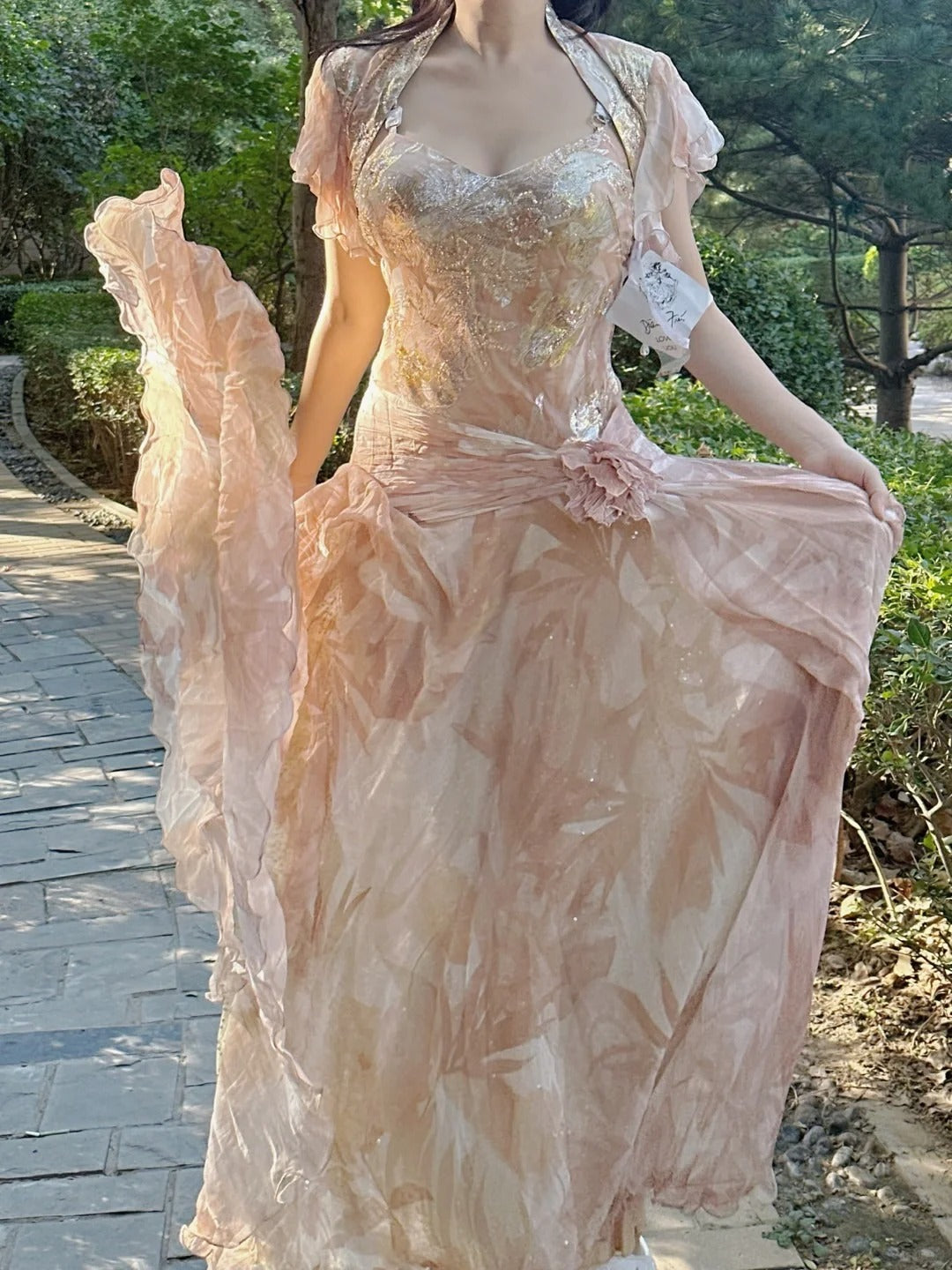 Pretty Pink Floral Print A-Line Chiffon Long Prom Dress Evening Dress
