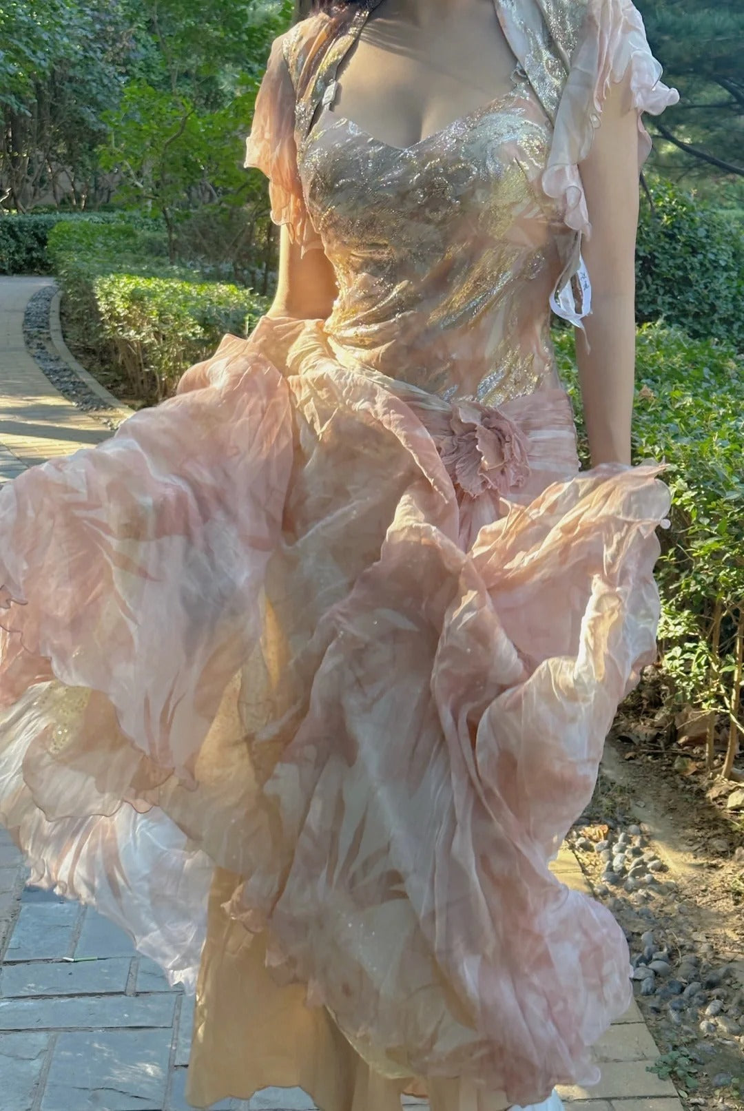 Pretty Pink Floral Print A-Line Chiffon Long Prom Dress Evening Dress