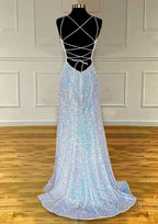 Pretty Prom Dress, Sheath/Column V Neck Spaghetti Straps Sweep Train Sequined Prom Dress With Pleated