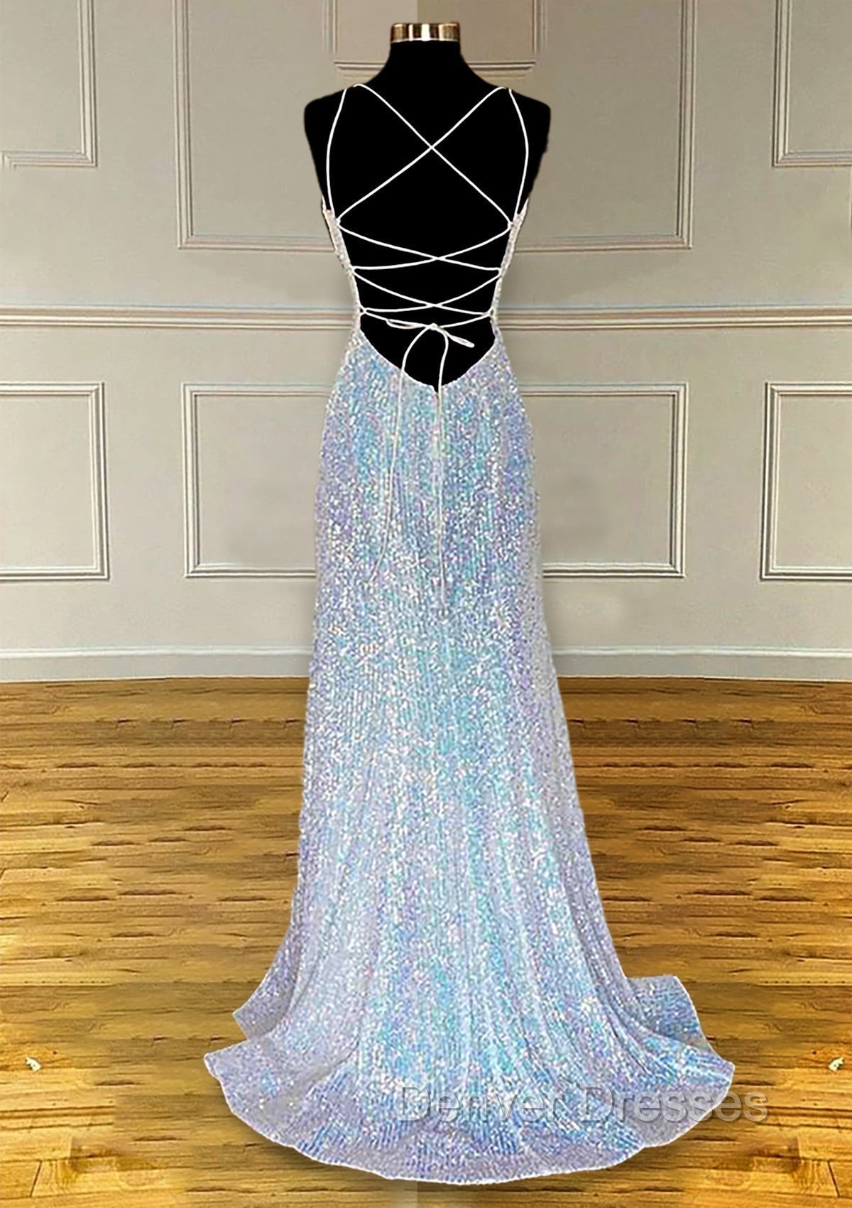 Pretty Prom Dress, Sheath/Column V Neck Spaghetti Straps Sweep Train Sequined Prom Dress With Pleated