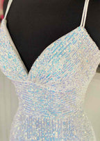 Pretty Prom Dress, Sheath/Column V Neck Spaghetti Straps Sweep Train Sequined Prom Dress With Pleated