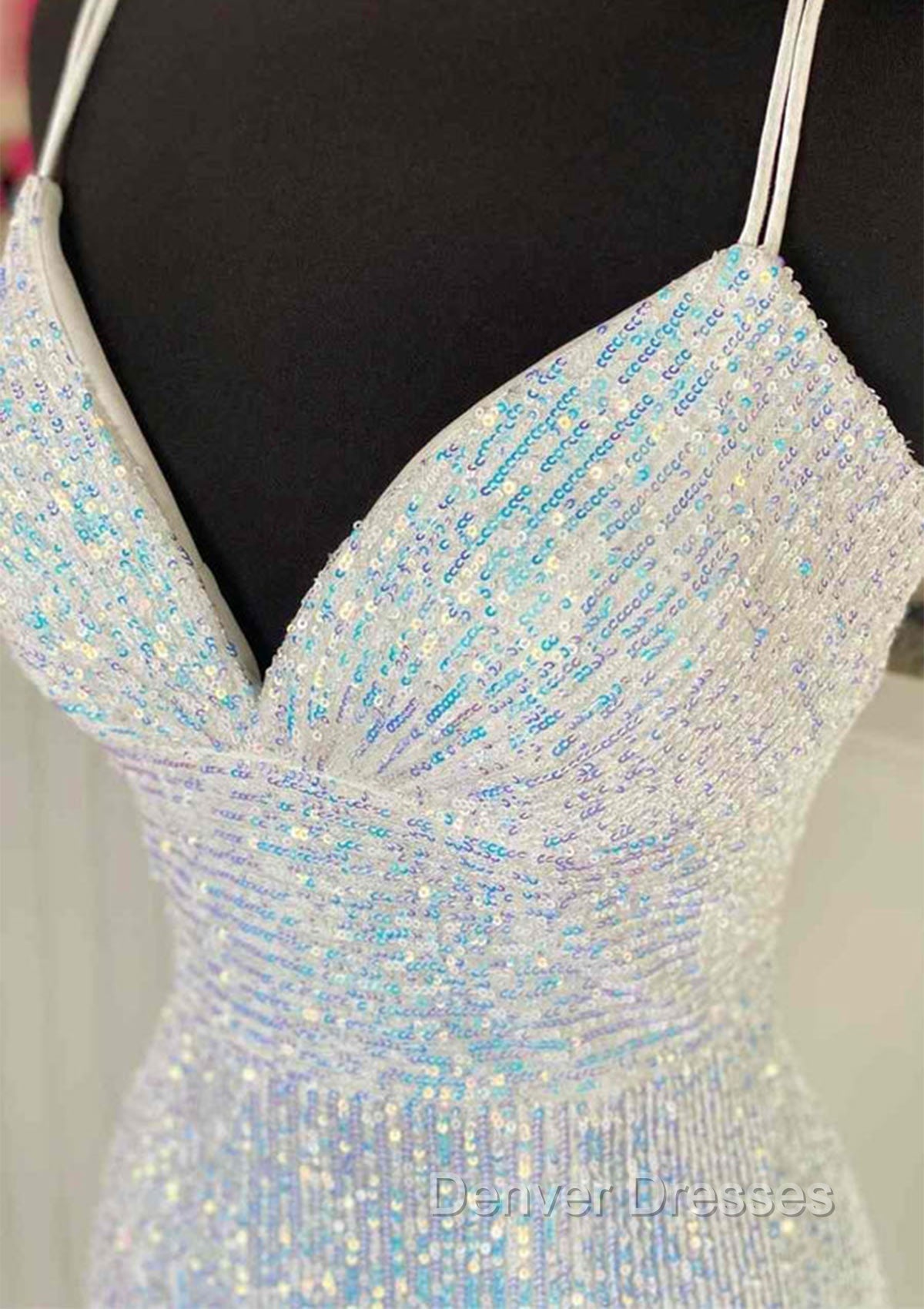 Pretty Prom Dress, Sheath/Column V Neck Spaghetti Straps Sweep Train Sequined Prom Dress With Pleated