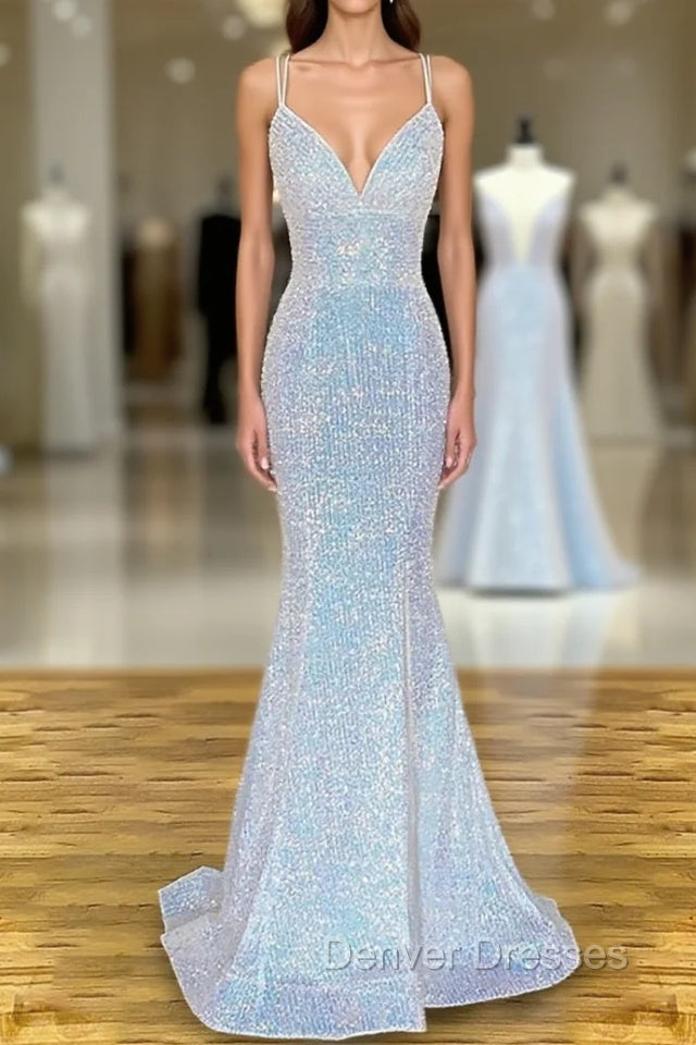 Pretty Prom Dress, Sheath/Column V Neck Spaghetti Straps Sweep Train Sequined Prom Dress With Pleated Main image