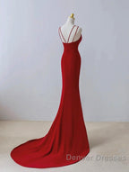 Pretty Red Mermaid Straps Long Evening Dress With Leg Slit, Red Prom Dress
