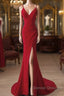 Pretty Red Mermaid Straps Long Evening Dress With Leg Slit, Red Prom Dress