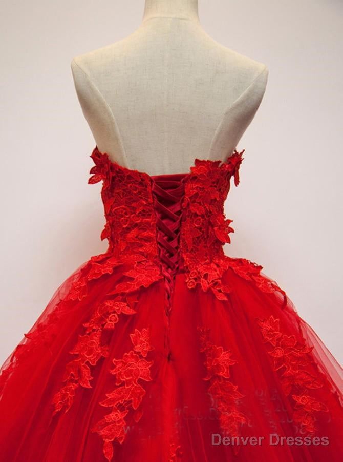 Pretty Red Sweetheart Strapless Ball Gown Applique Tulle Long Prom Dress,Party Dresses Secondary image