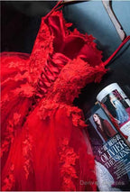 Pretty Red Sweetheart Strapless Ball Gown Applique Tulle Long Prom Dress,Party Dresses