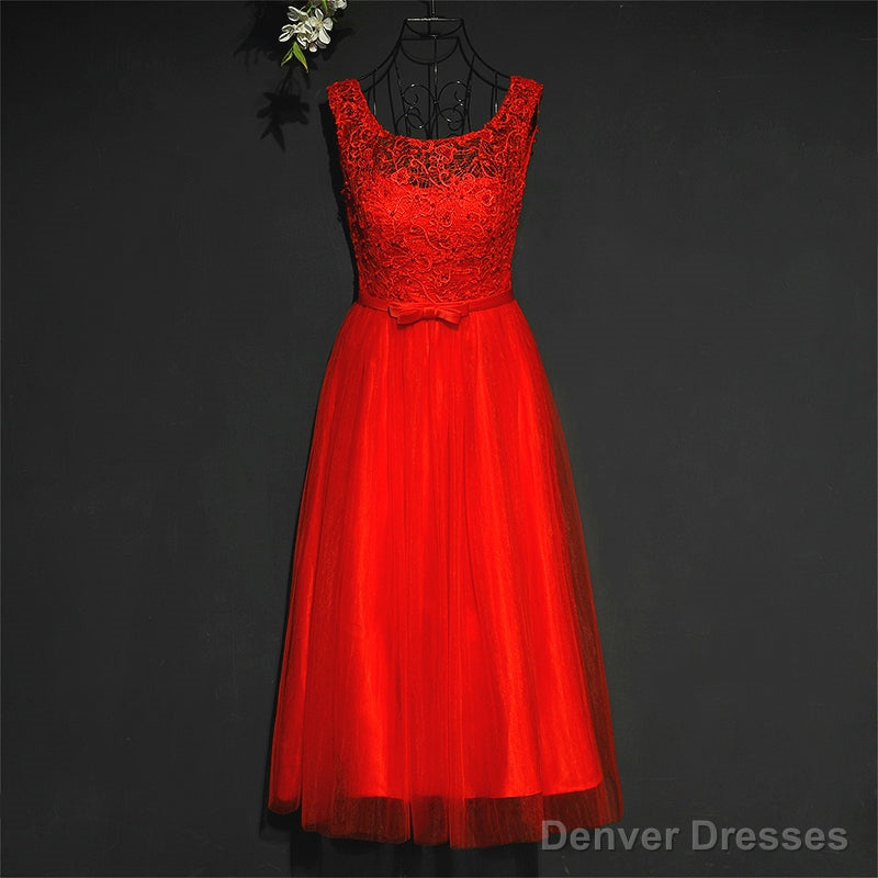 Pretty Red Tulle and Lace Tea Length Party Dress, Red Bridesmaid Dress Main image