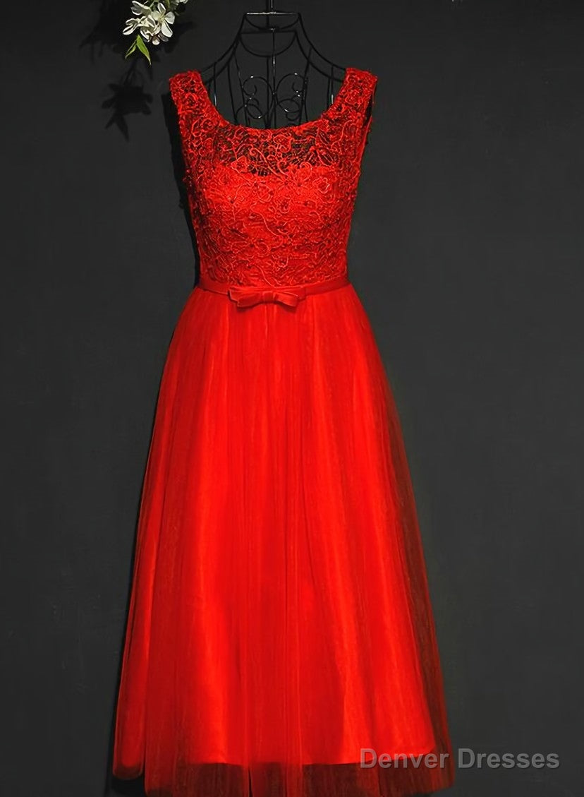 Pretty Red Tulle and Lace Tea Length Party Dress, Red Bridesmaid Dress Secondary image