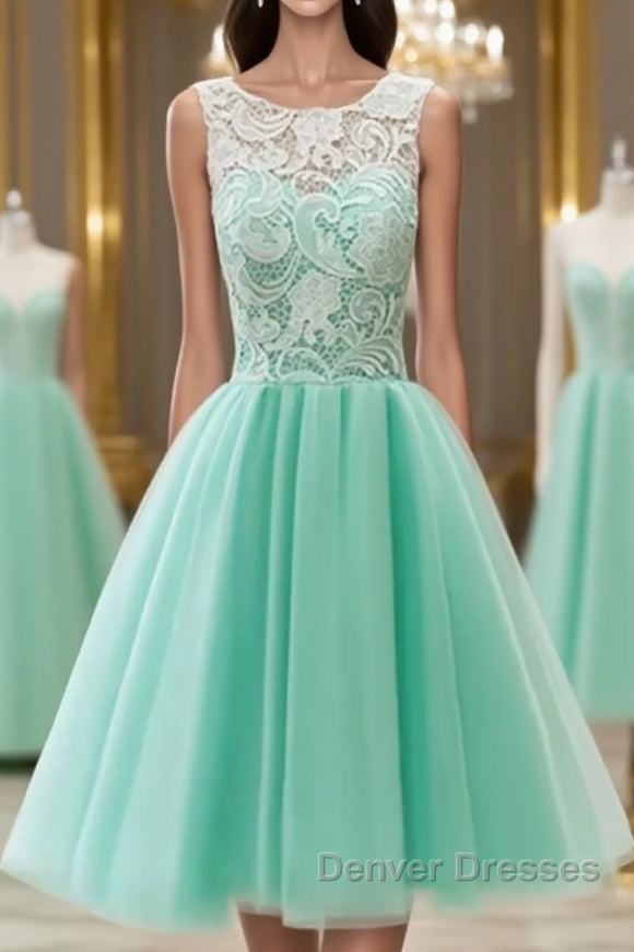 Pretty Round-Neck Lace Tulle Short Green Prom Dress, Lace Homecoming Dress Main image