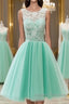 Pretty Round-Neck Lace Tulle Short Green Prom Dress, Lace Homecoming Dress