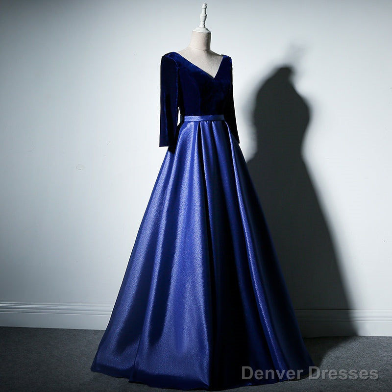 Pretty Royal Blue Long Sleeves Satin with Velvet Party Dress, A-line Long Prom Dress Main image