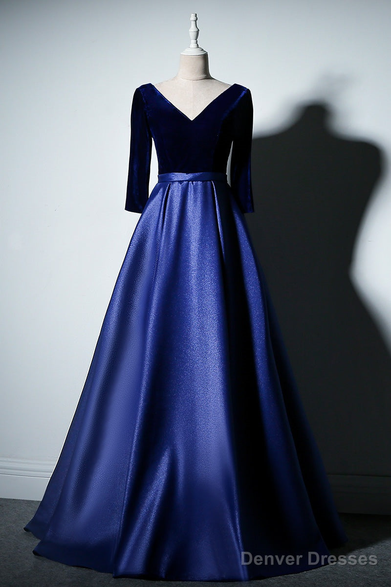Pretty Royal Blue Long Sleeves Satin with Velvet Party Dress, A-line Long Prom Dress Secondary image