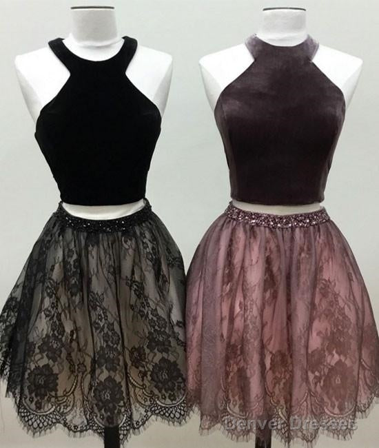 Pretty Sample Halter Velet Two Pieces Lace Short Prom Dress Main image