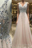 Pretty Sequins Long Tulle V-Neck Prom Evening Gowns