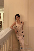 Pretty Sheath Halter Satin Floral Prom Dresses Birthday Outfits Evening Gown